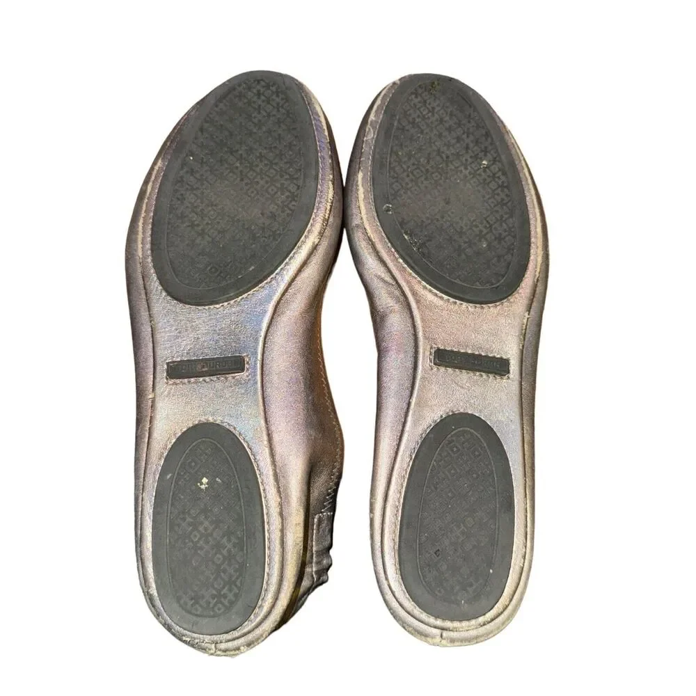 Tory Burch Minnie Travel Flats Women's 7 M Pewter Metallic Leather Slip On Shoes